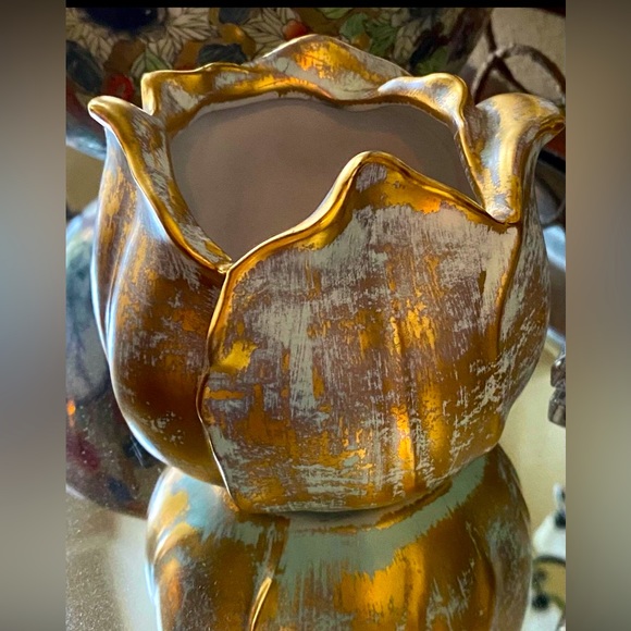 STANGL HAND PAINTED MID CENTURY 22K ANTIQUE GOLD TEA ROSE VASE MADE IN THE USA - Picture 2 of 6